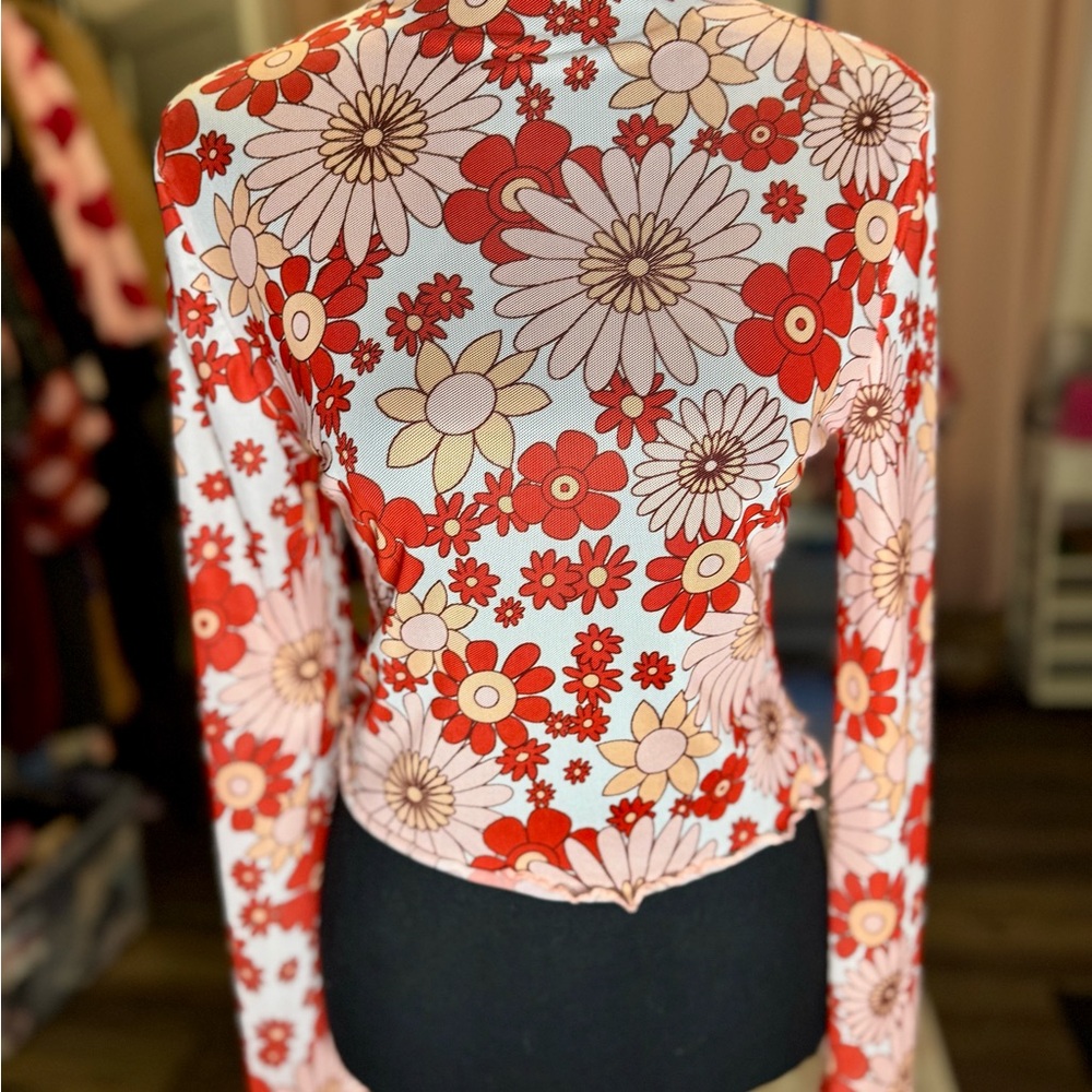 Floral Long Sleeve Top - Red and White